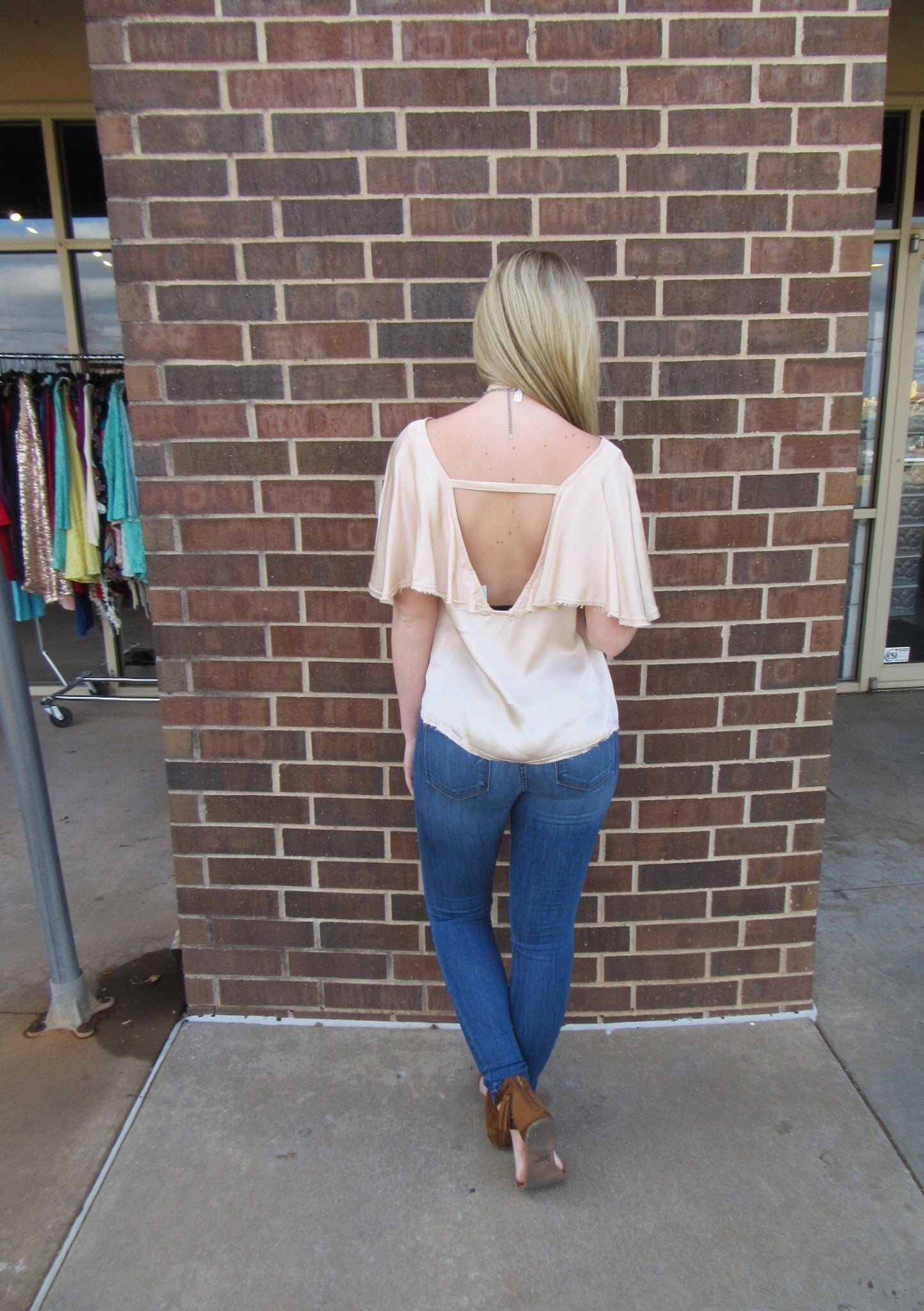 SHASTA Matte Satin V-Neck RuffleBack Top