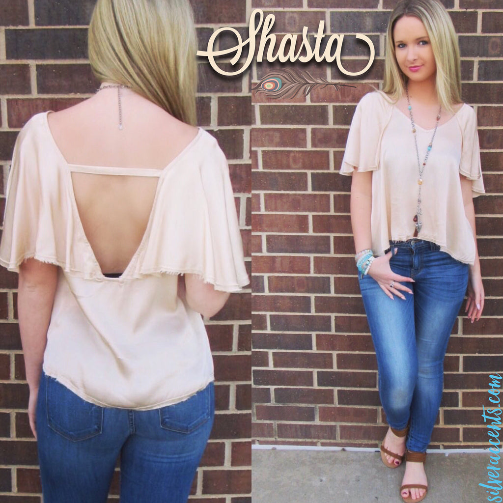 SHASTA Matte Satin V-Neck RuffleBack Top