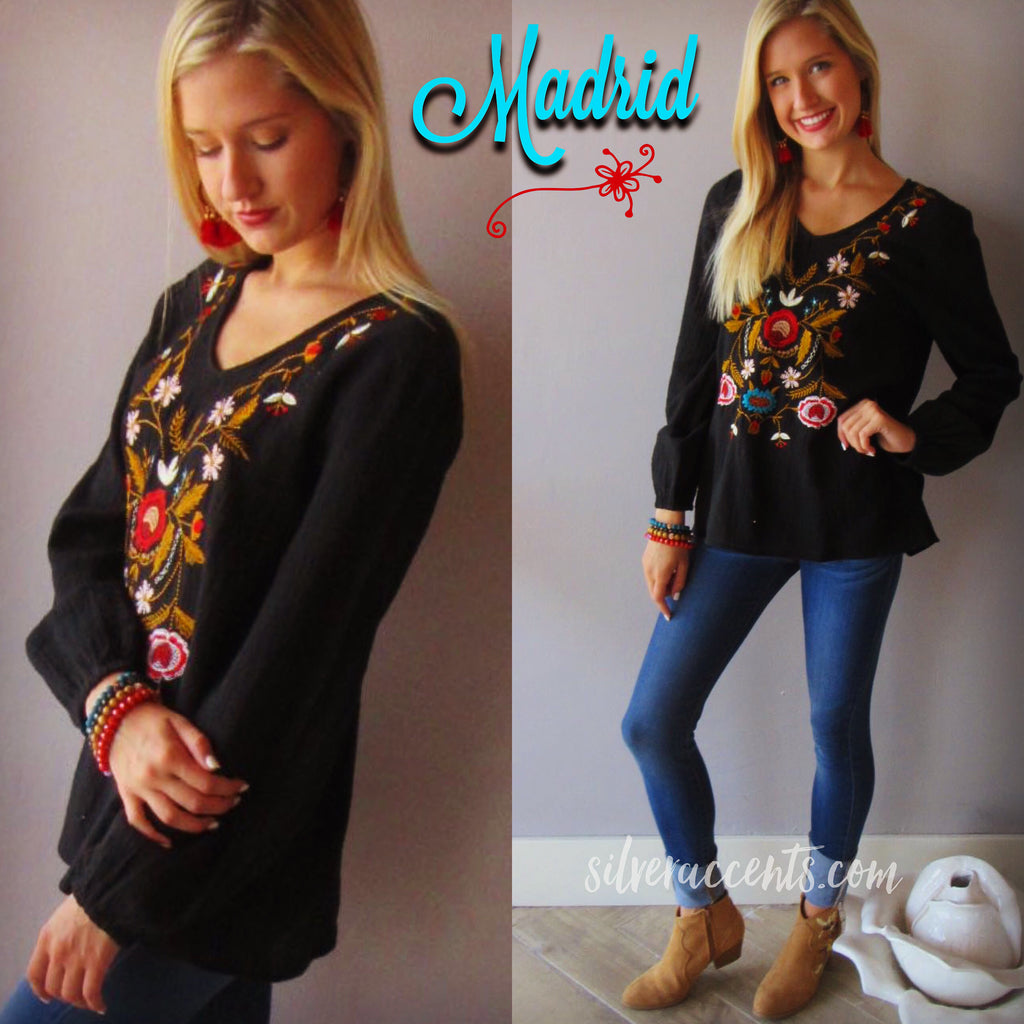 MADRID Embroidered Floral V-Neck Gauze Top
