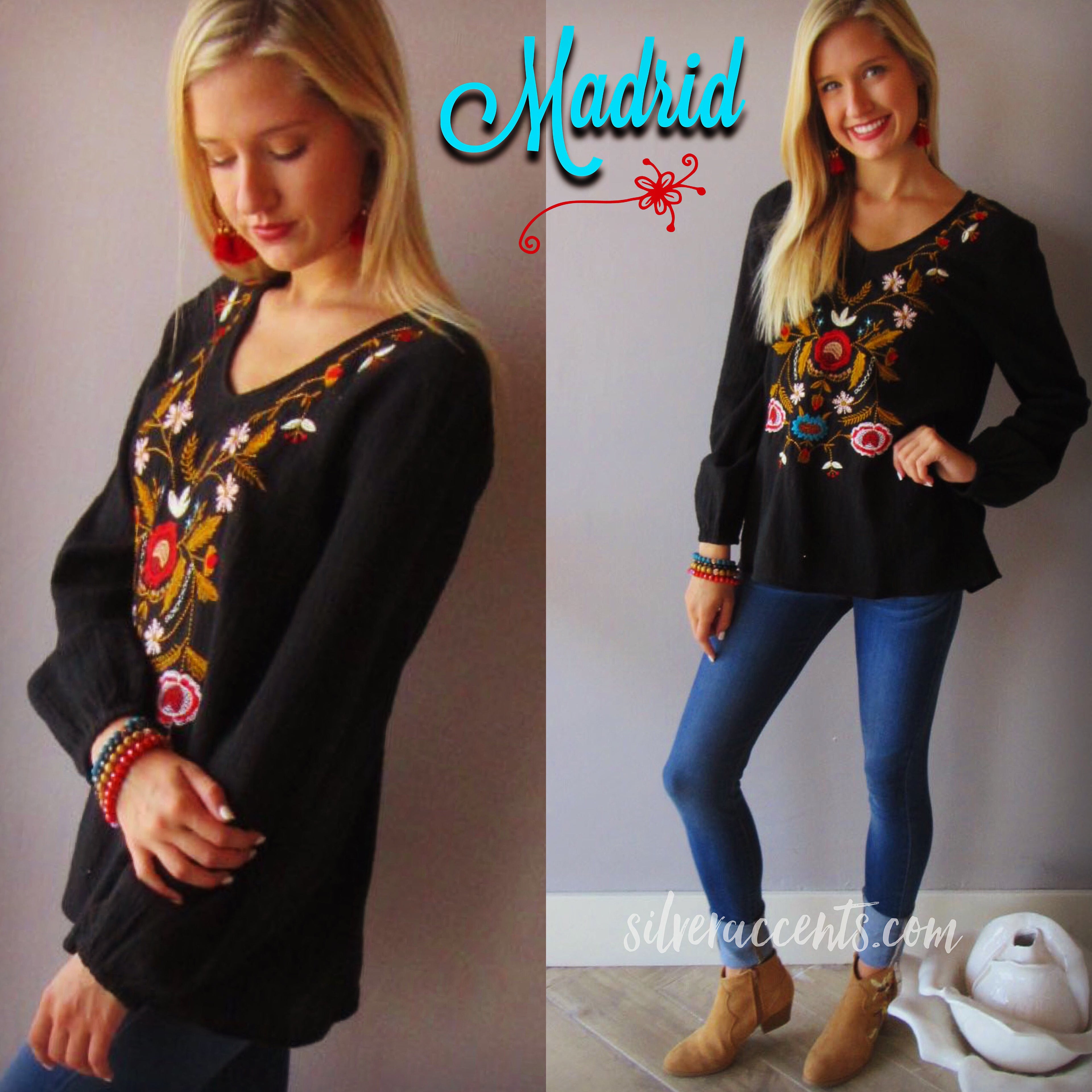 MADRID Embroidered Floral V-Neck Gauze Top