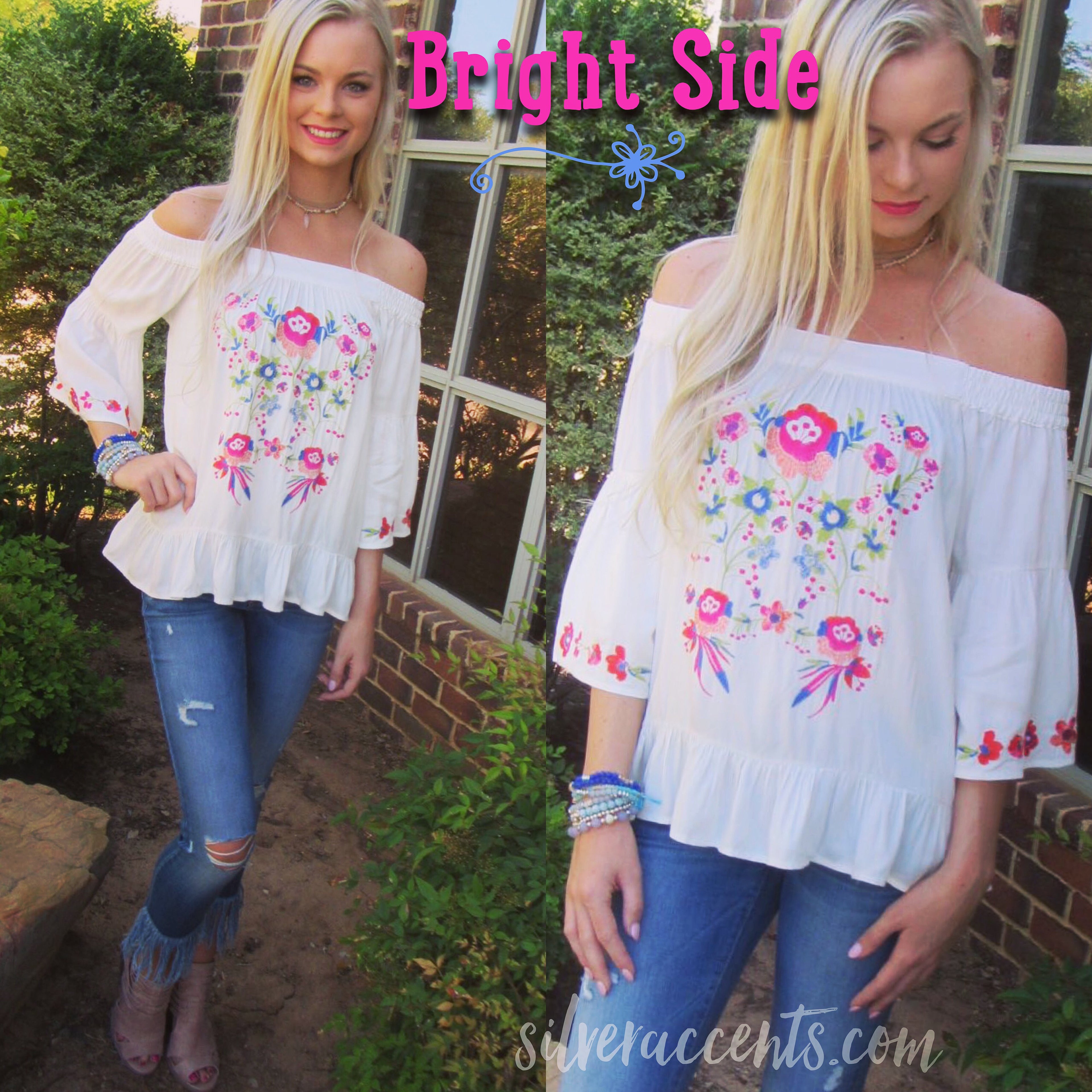 BRIGHT SIDE Embroidered Floral OffShoulder RuffleHem Top