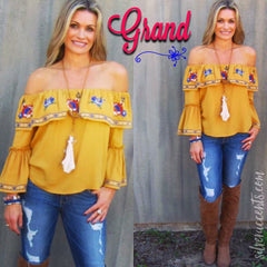GRAND Embroidered Ruffled OffShoulder Top