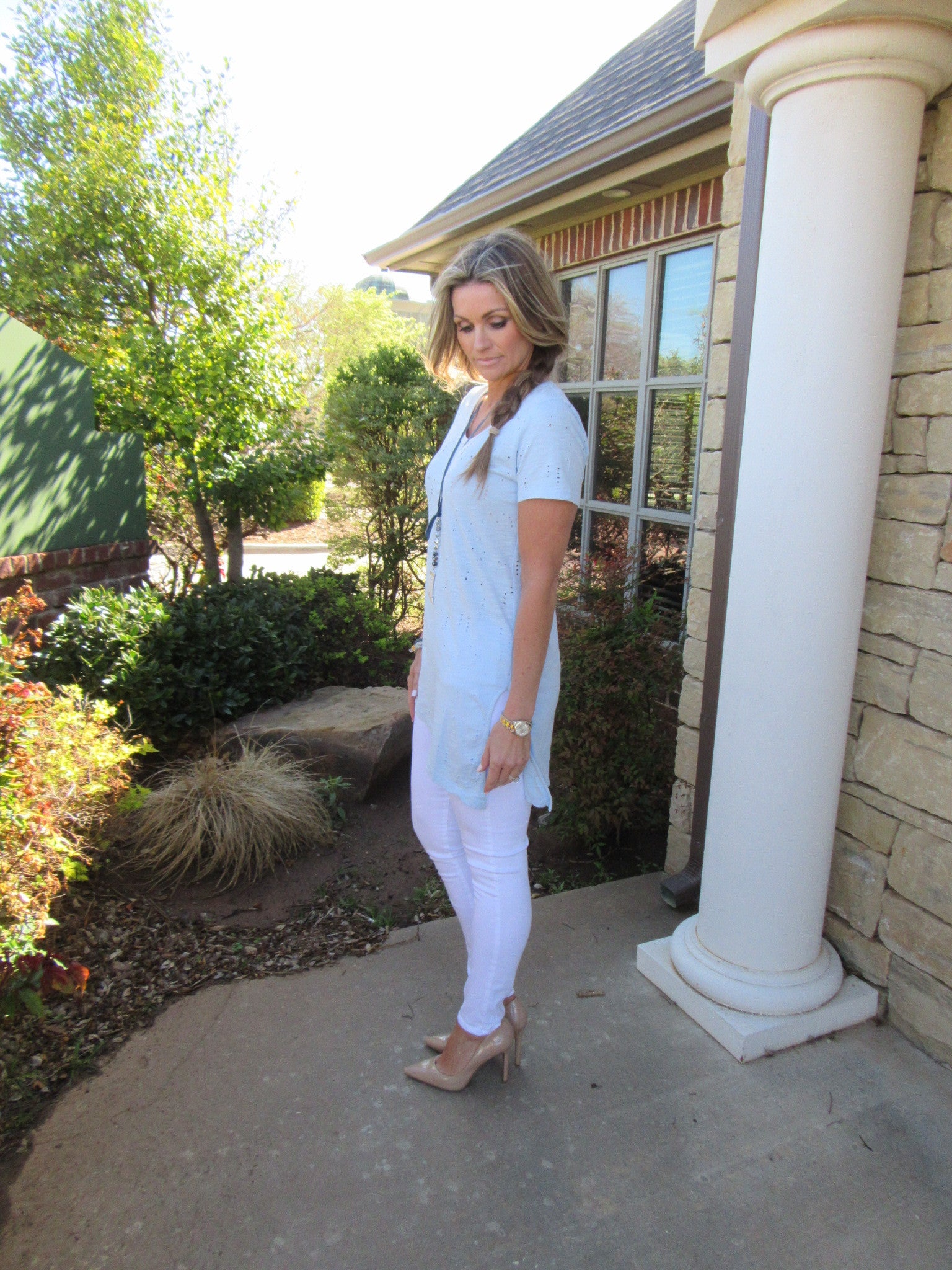 BOBI Hydrangea HESTON Distressed Holey Asymmetric Slub Tunic Top