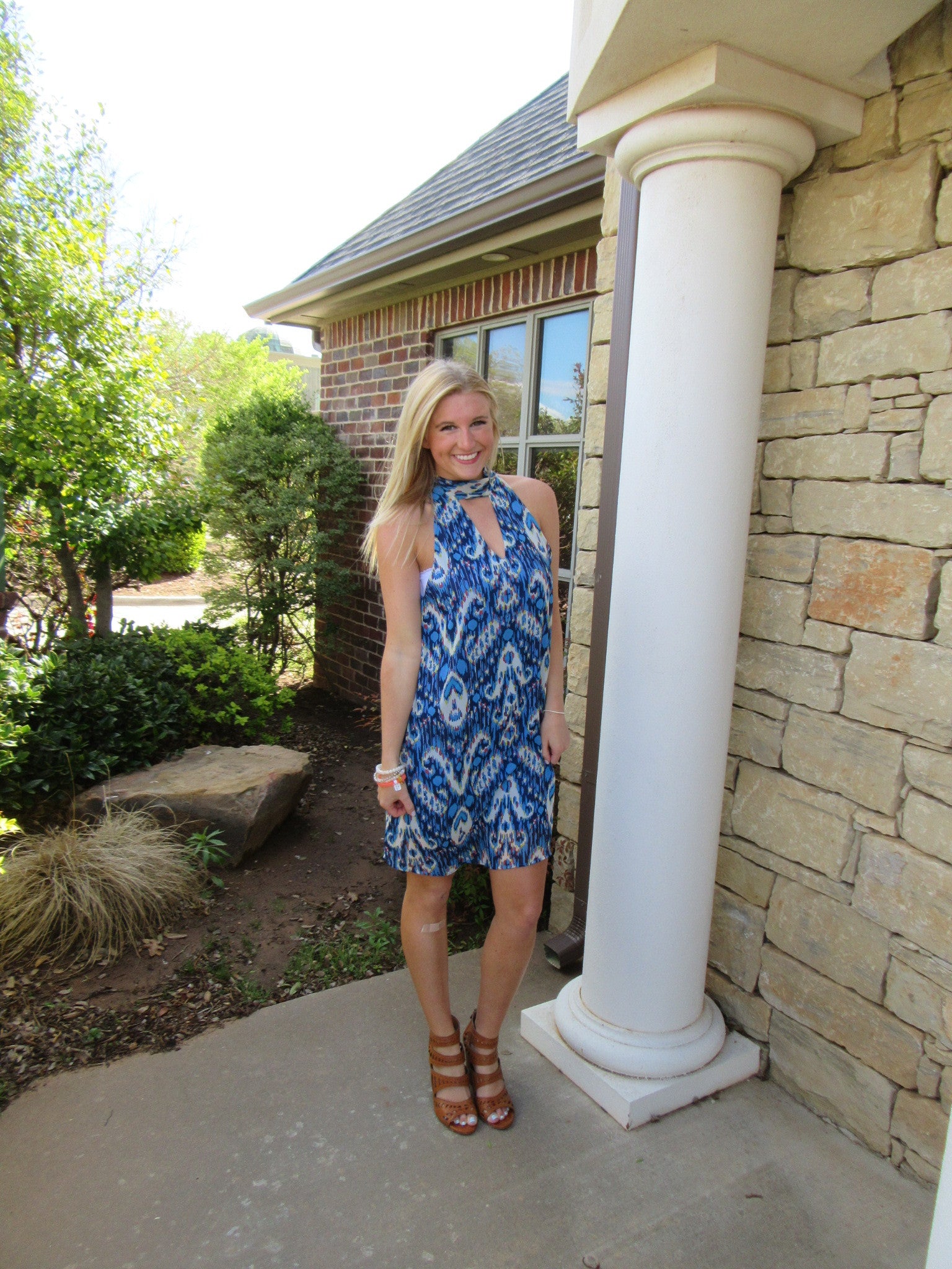 ZIGGY Ikat Print Cutout MockNeck Chiffon TieNeck Tank Dress