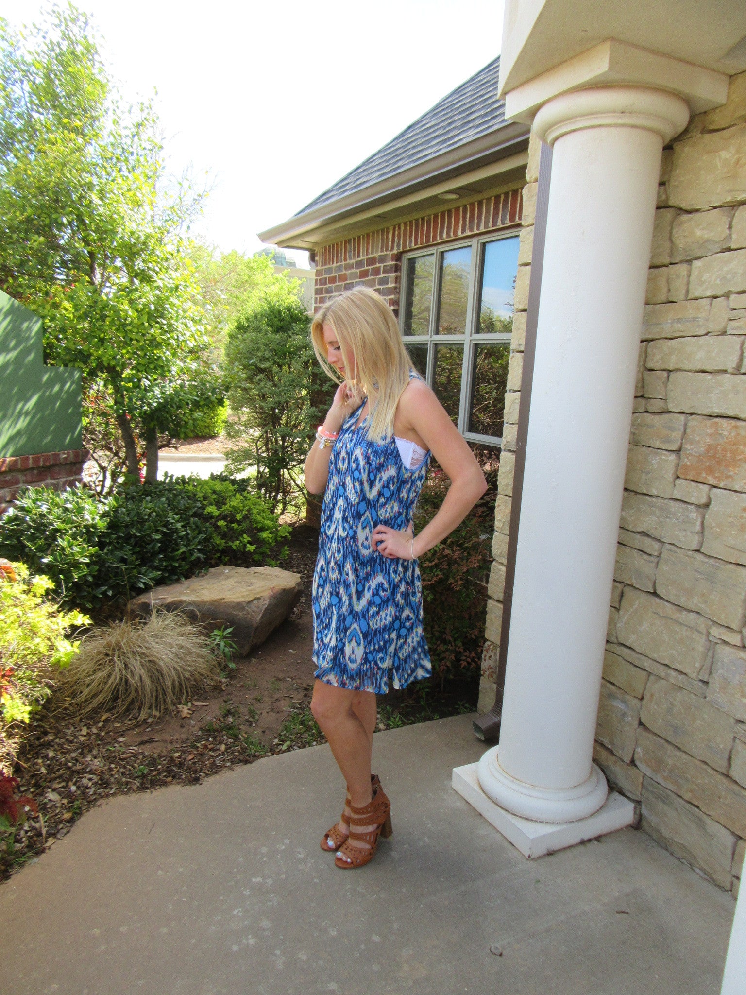 ZIGGY Ikat Print Cutout MockNeck Chiffon TieNeck Tank Dress