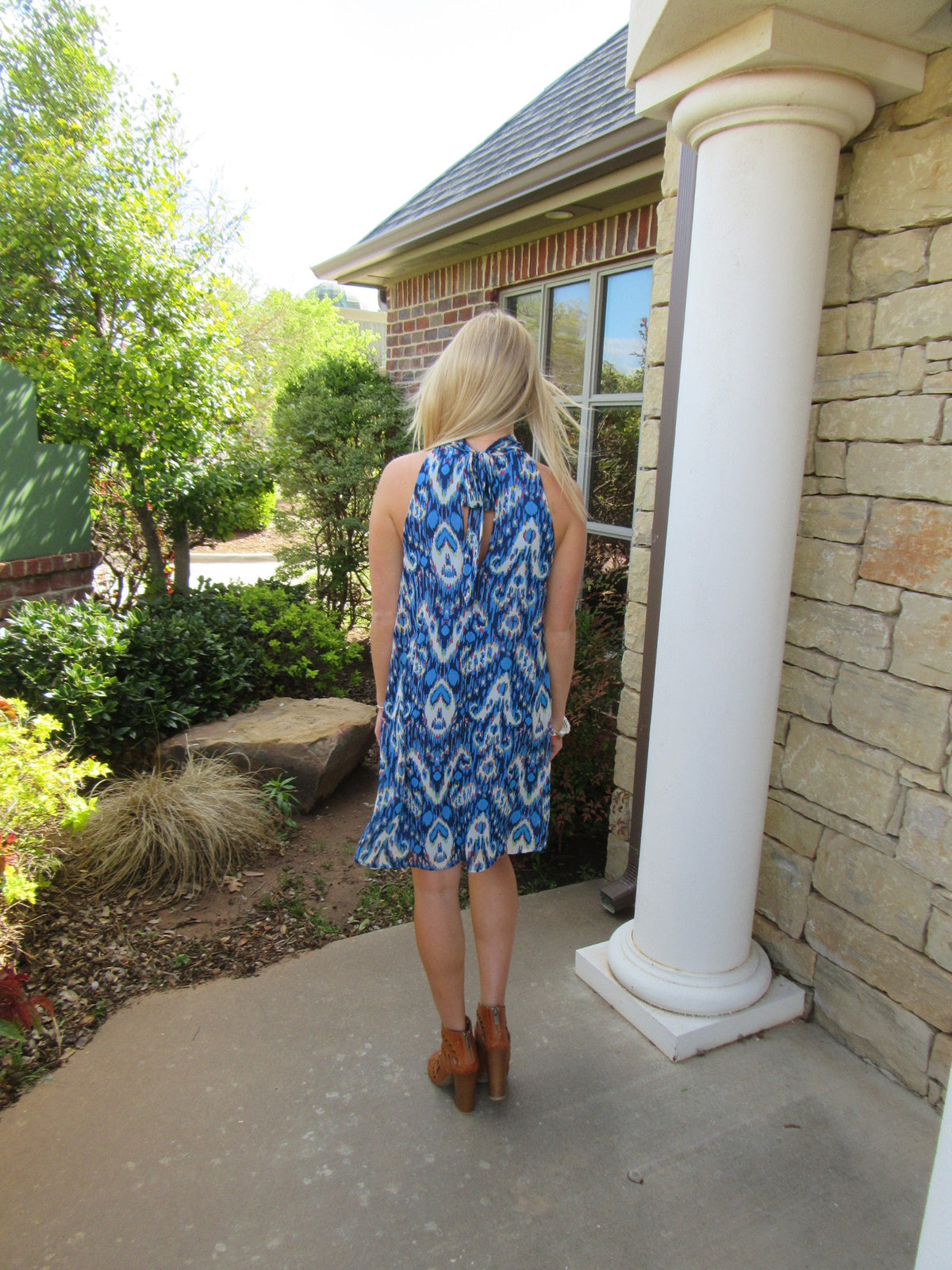 ZIGGY Ikat Print Cutout MockNeck Chiffon TieNeck Tank Dress