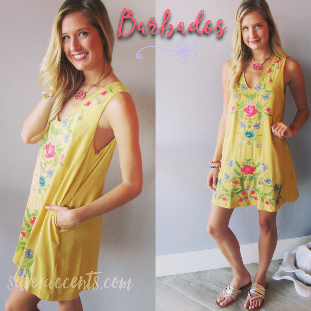 BARBADOS Floral Embroidered Linen V-Neck Pocket Dress