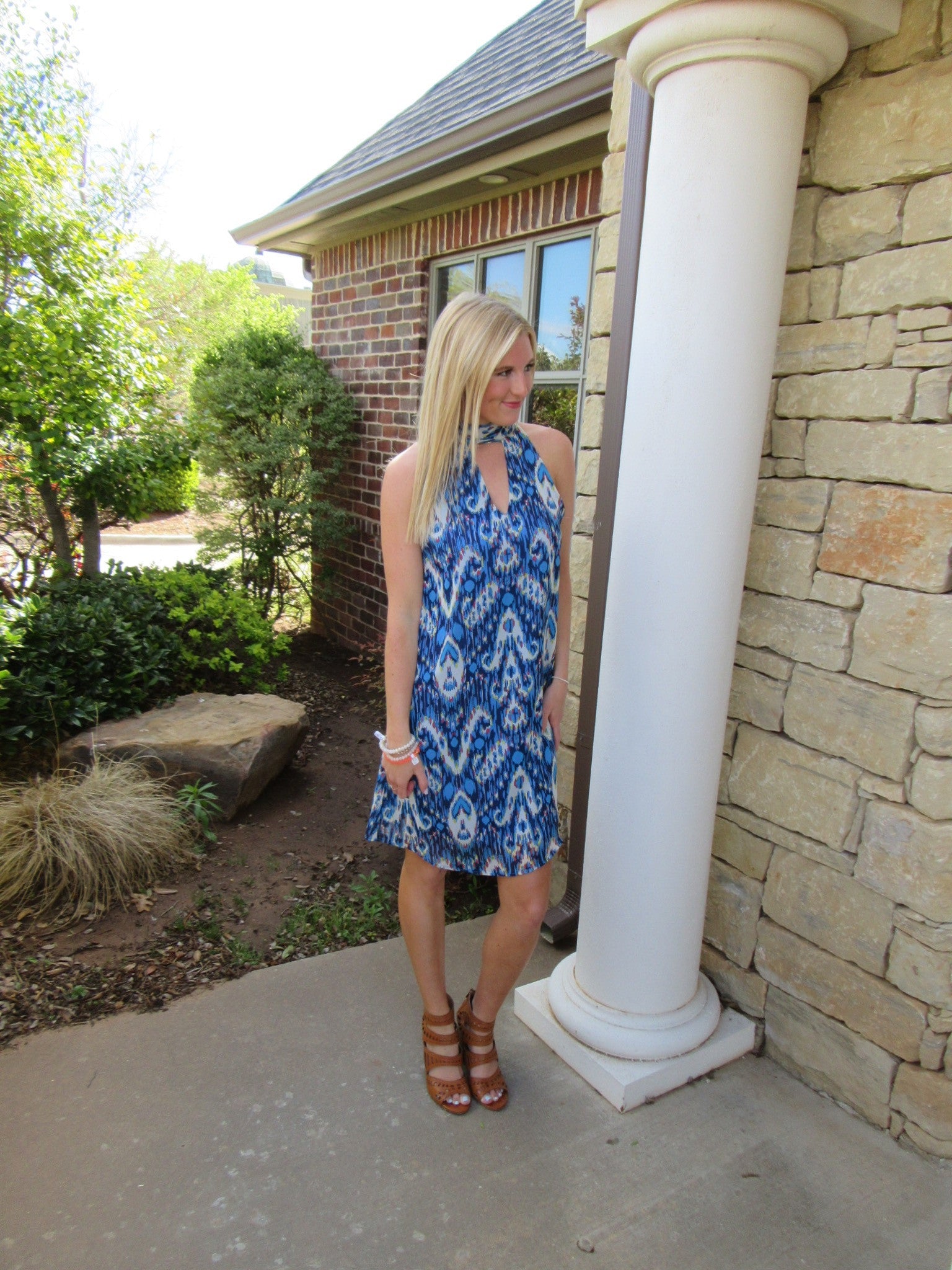 ZIGGY Ikat Print Cutout MockNeck Chiffon TieNeck Tank Dress