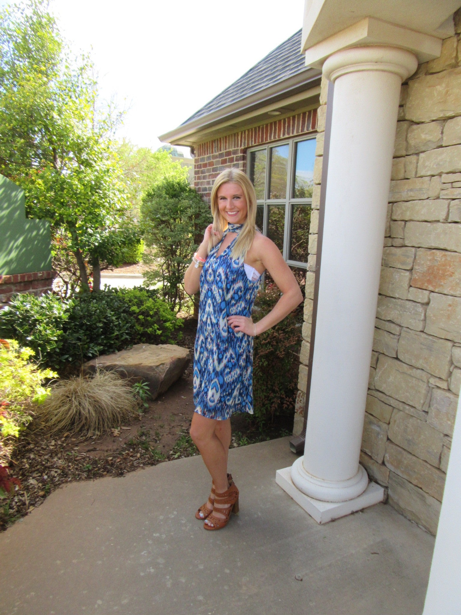 ZIGGY Ikat Print Cutout MockNeck Chiffon TieNeck Tank Dress