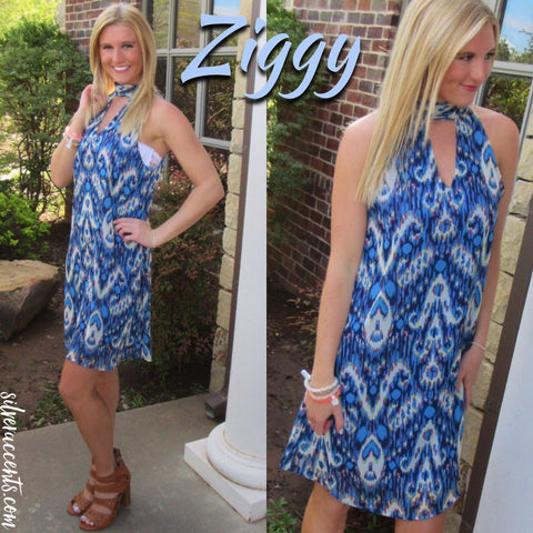 ZIGGY Ikat Print Cutout MockNeck Chiffon TieNeck Tank Dress