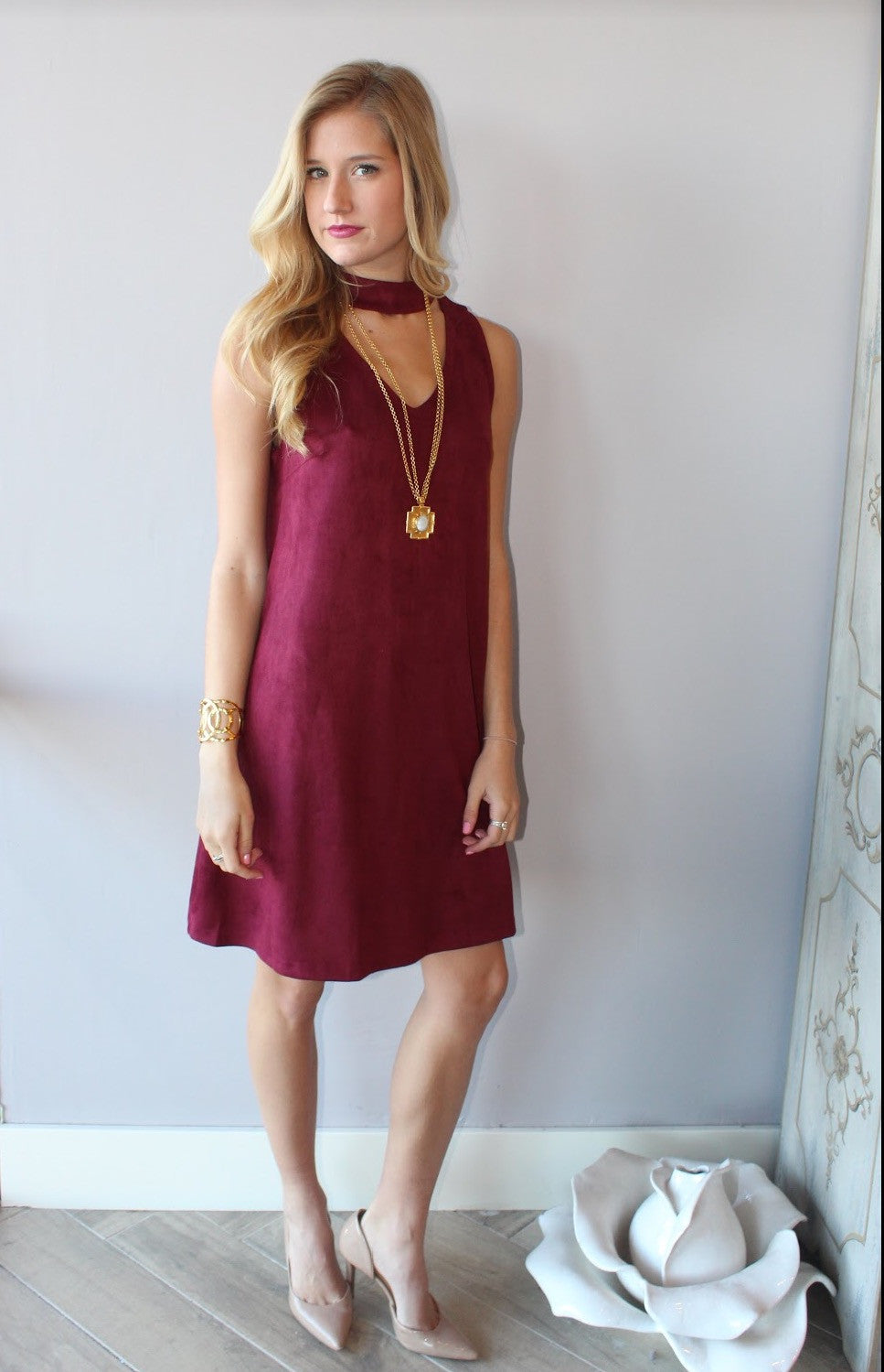 DECKED OUT Cutout Neck Suede Sheath Dress