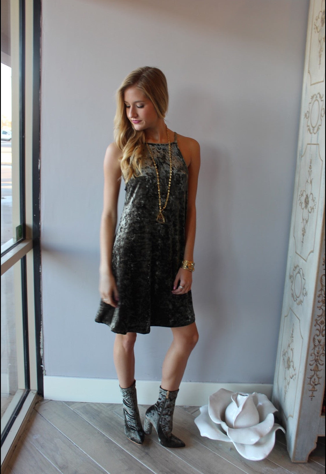 Olive VELVET HEART HiNeck Velour Cami Dress