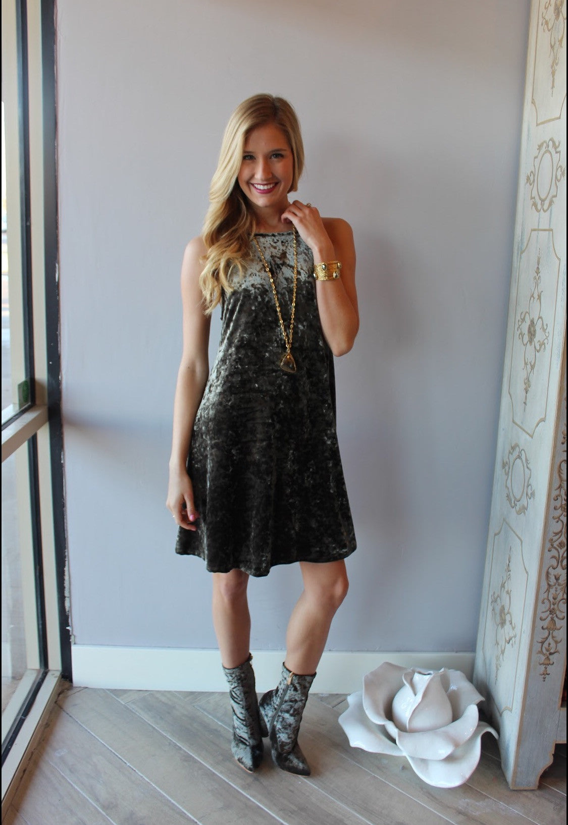 Olive VELVET HEART HiNeck Velour Cami Dress