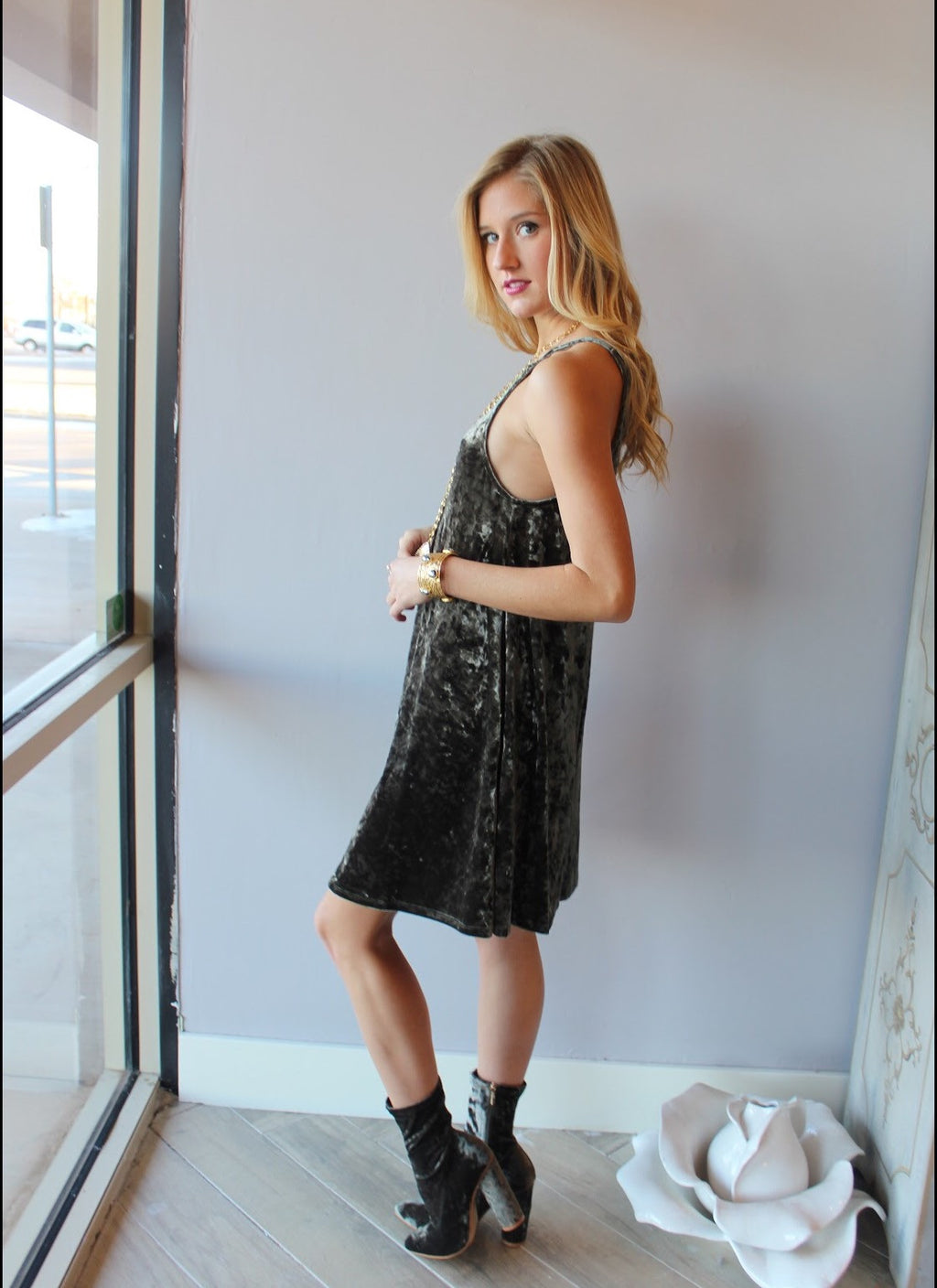 Olive VELVET HEART HiNeck Velour Cami Dress