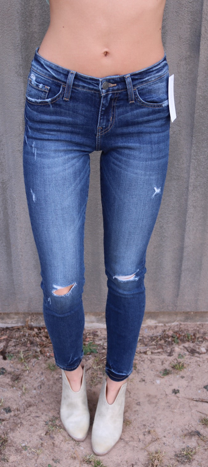 FLYING MONKEY MidRise JET SET BLUE Distressed TackBottom Skinny Jean