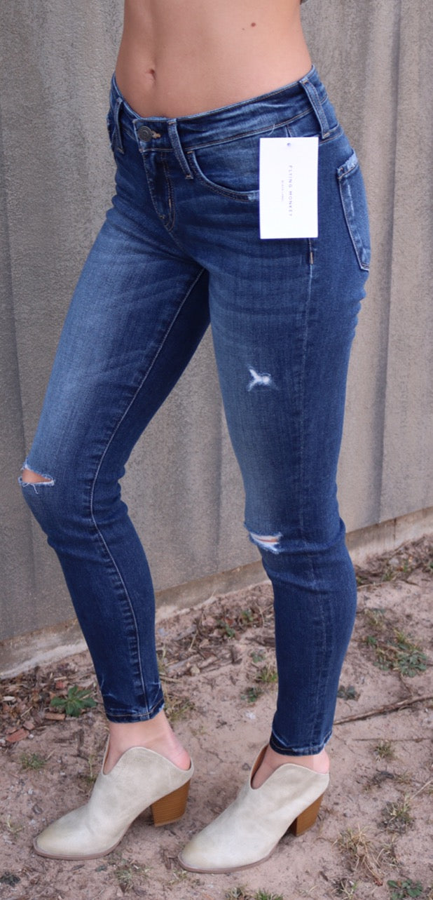 FLYING MONKEY MidRise JET SET BLUE Distressed TackBottom Skinny Jean