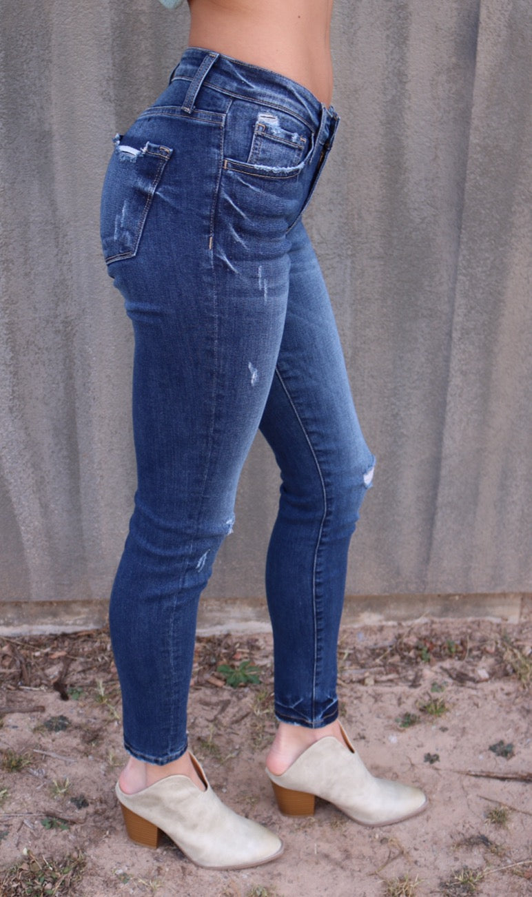 FLYING MONKEY MidRise JET SET BLUE Distressed TackBottom Skinny Jean