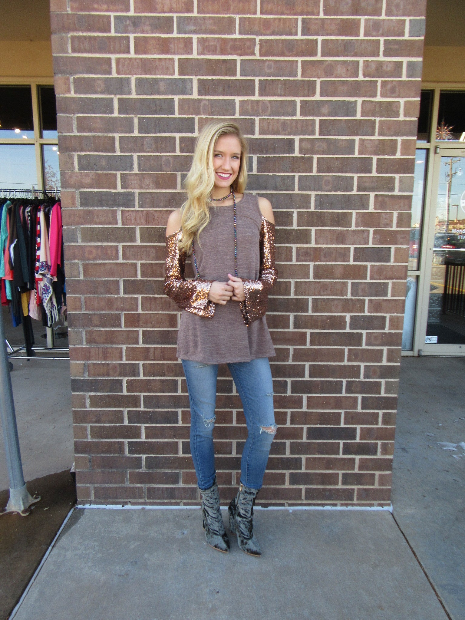 PROSPECTS Cold Shoulder Glitter Sleeve Knit Top