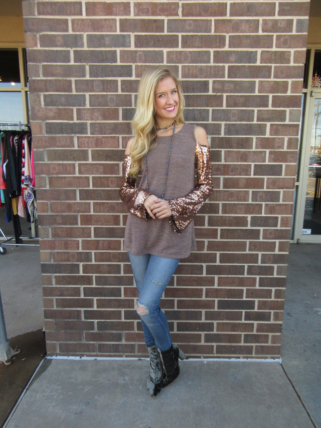 PROSPECTS Cold Shoulder Glitter Sleeve Knit Top