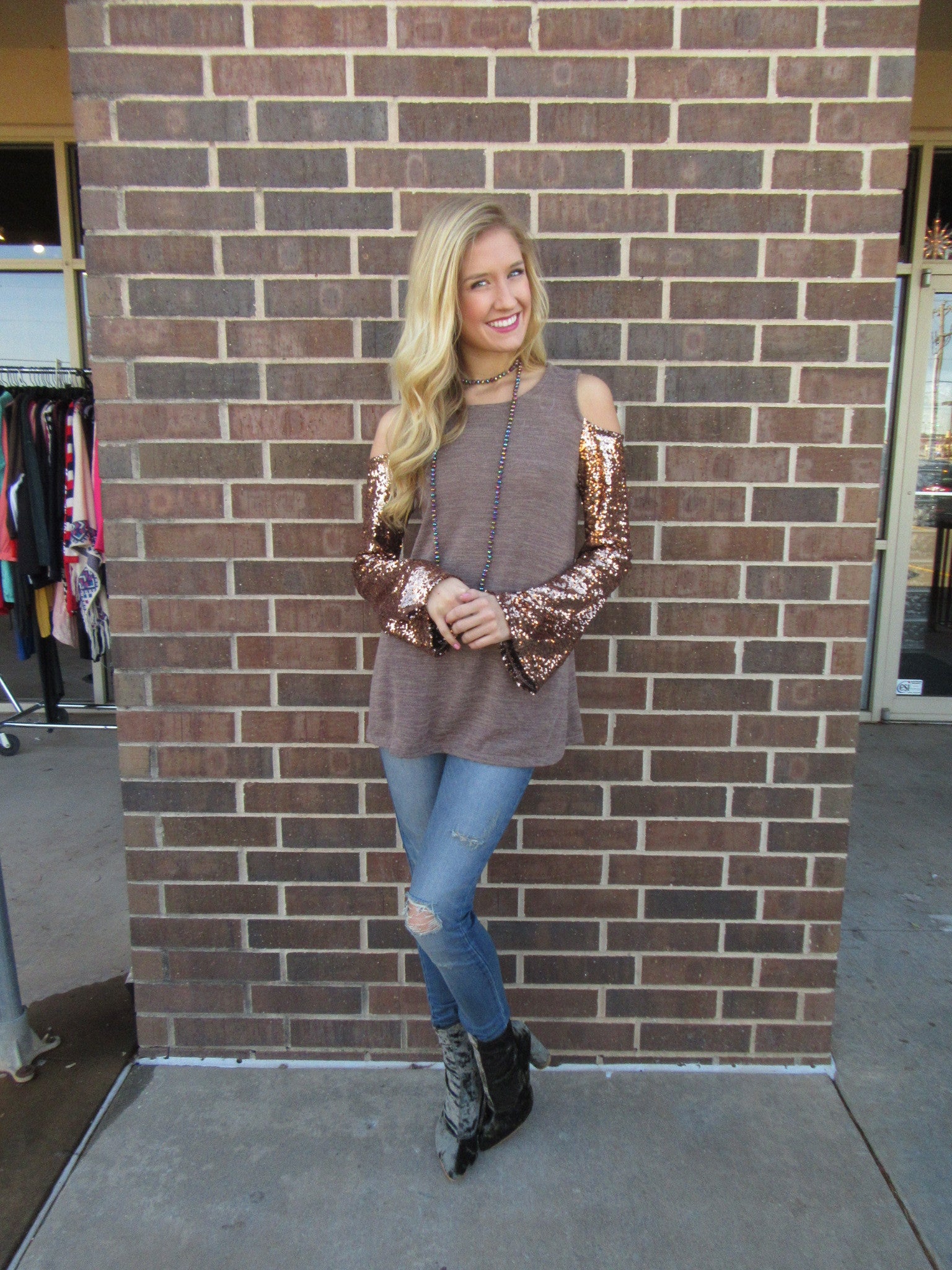 PROSPECTS Cold Shoulder Glitter Sleeve Knit Top