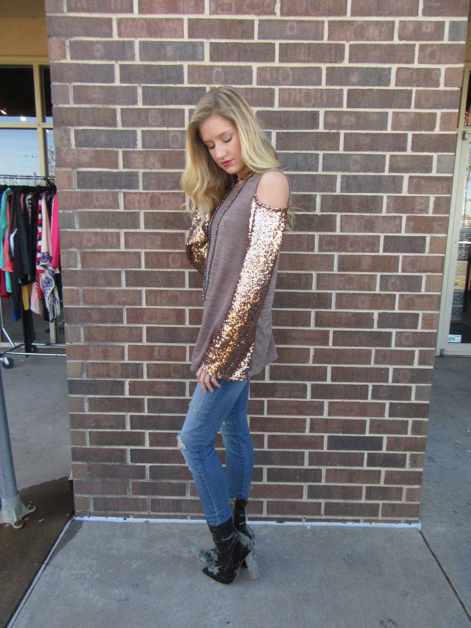 PROSPECTS Cold Shoulder Glitter Sleeve Knit Top