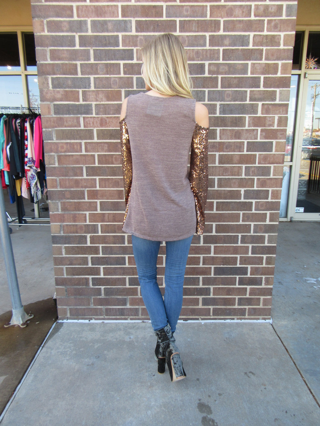 PROSPECTS Cold Shoulder Glitter Sleeve Knit Top