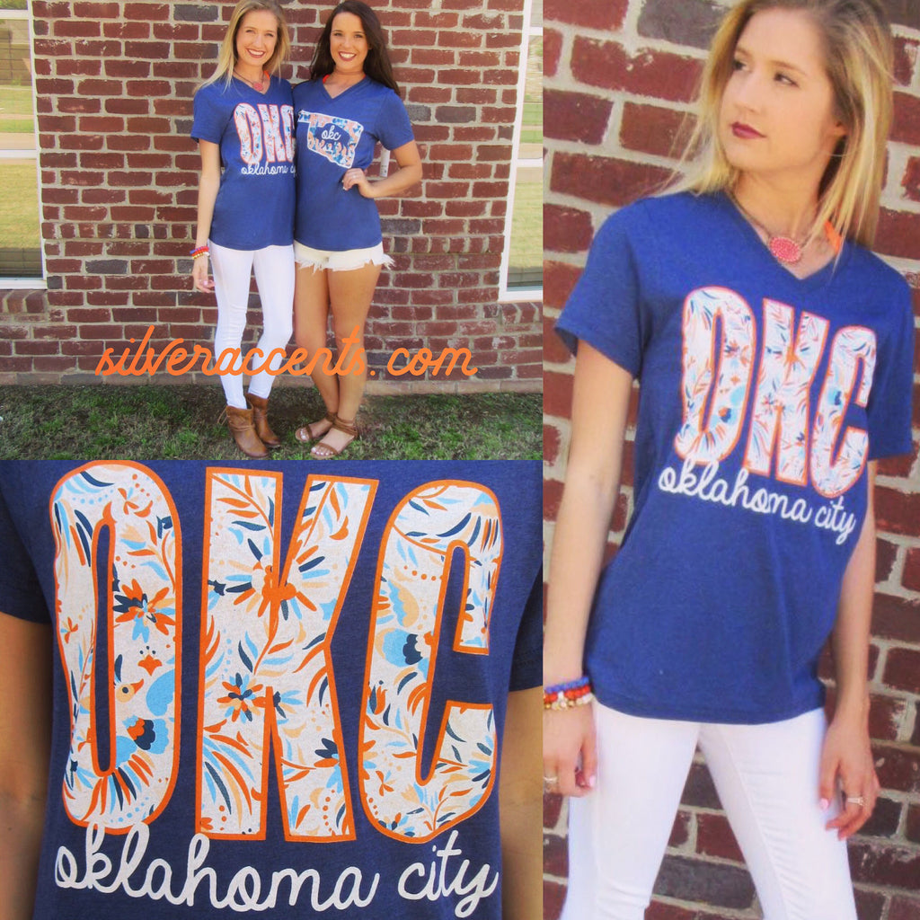 OKC Embroidery Print Oklahoma City V-Neck TriBlend Tee Top