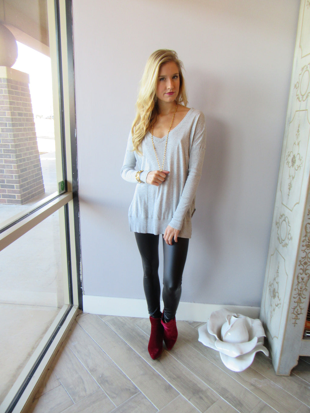 BOBI Heather Grey RibMix SEND MY LOVE V-Neck Knit Top
