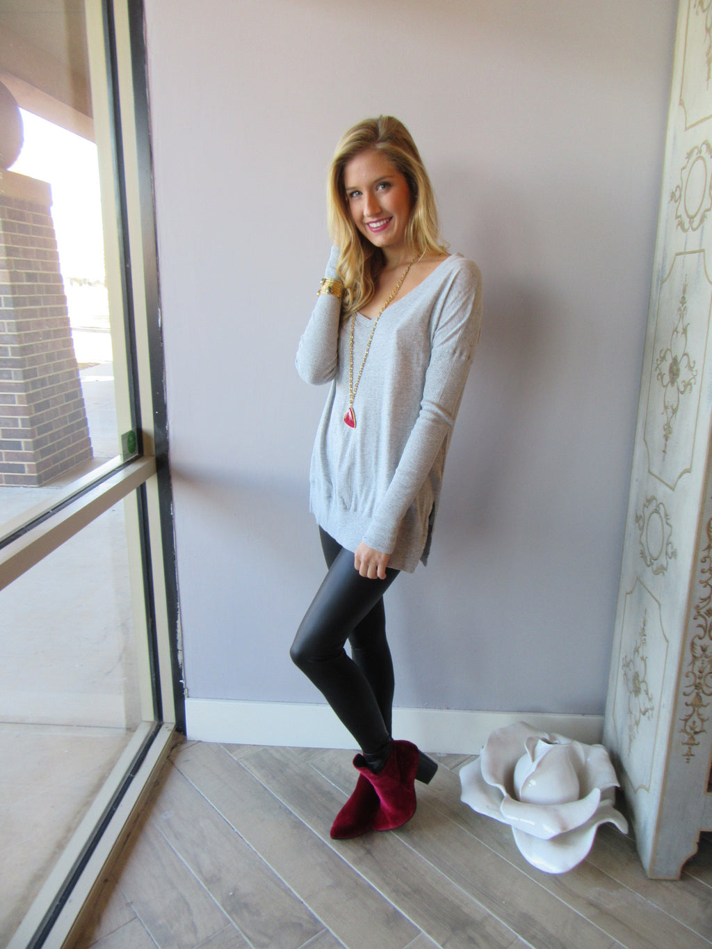 BOBI Heather Grey RibMix SEND MY LOVE V-Neck Knit Top