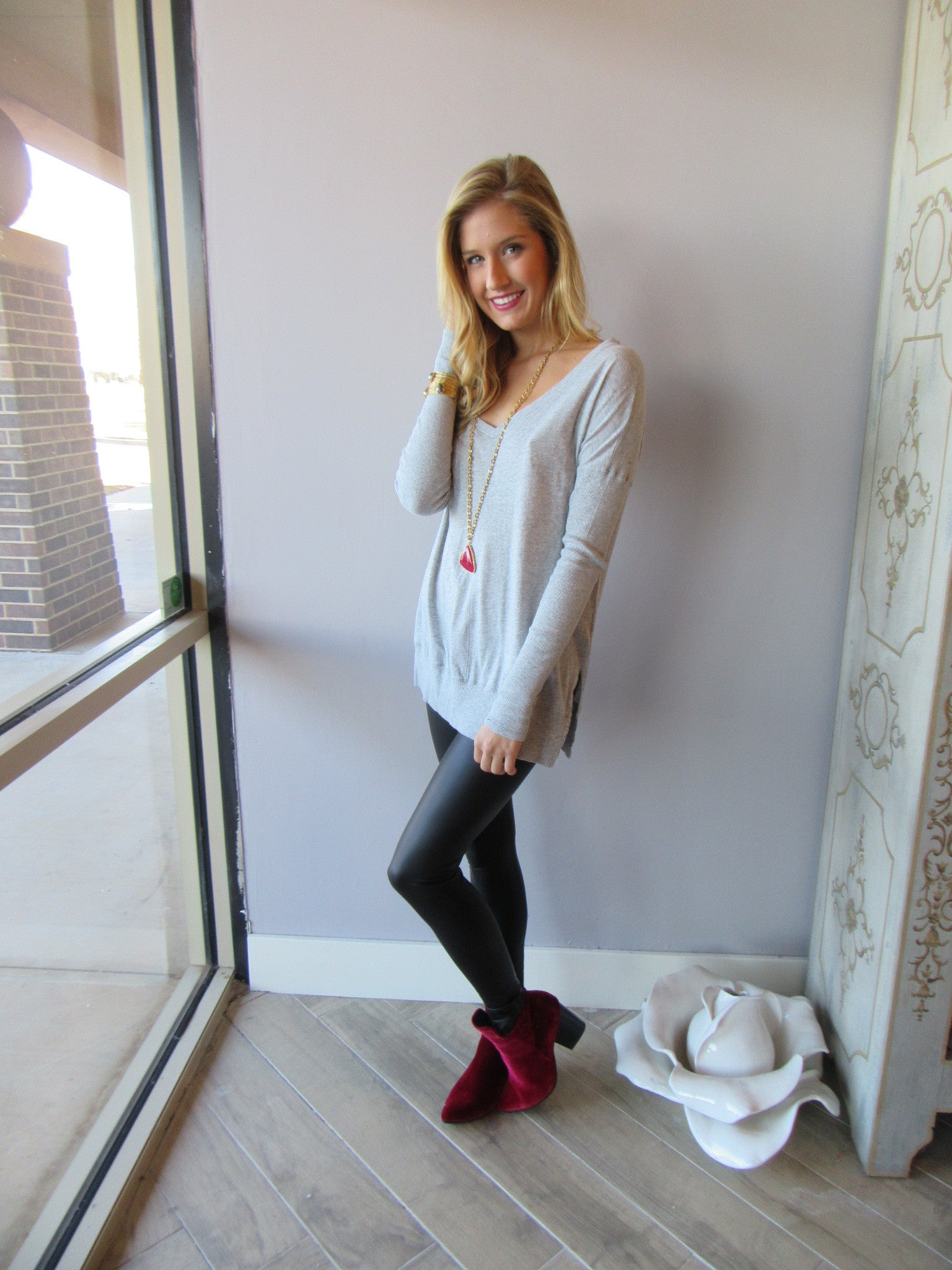 BOBI Heather Grey RibMix SEND MY LOVE V-Neck Knit Top