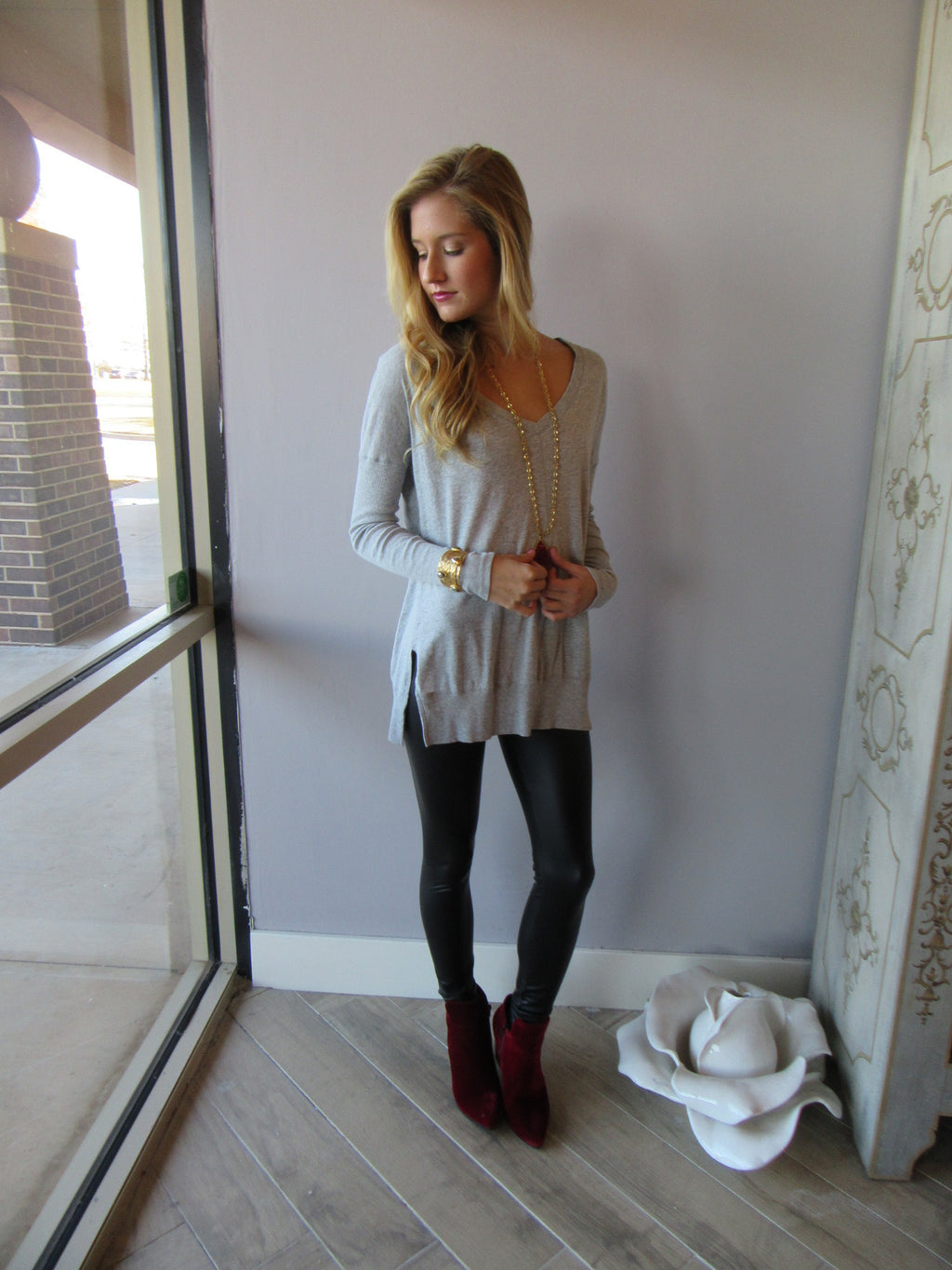 BOBI Heather Grey RibMix SEND MY LOVE V-Neck Knit Top