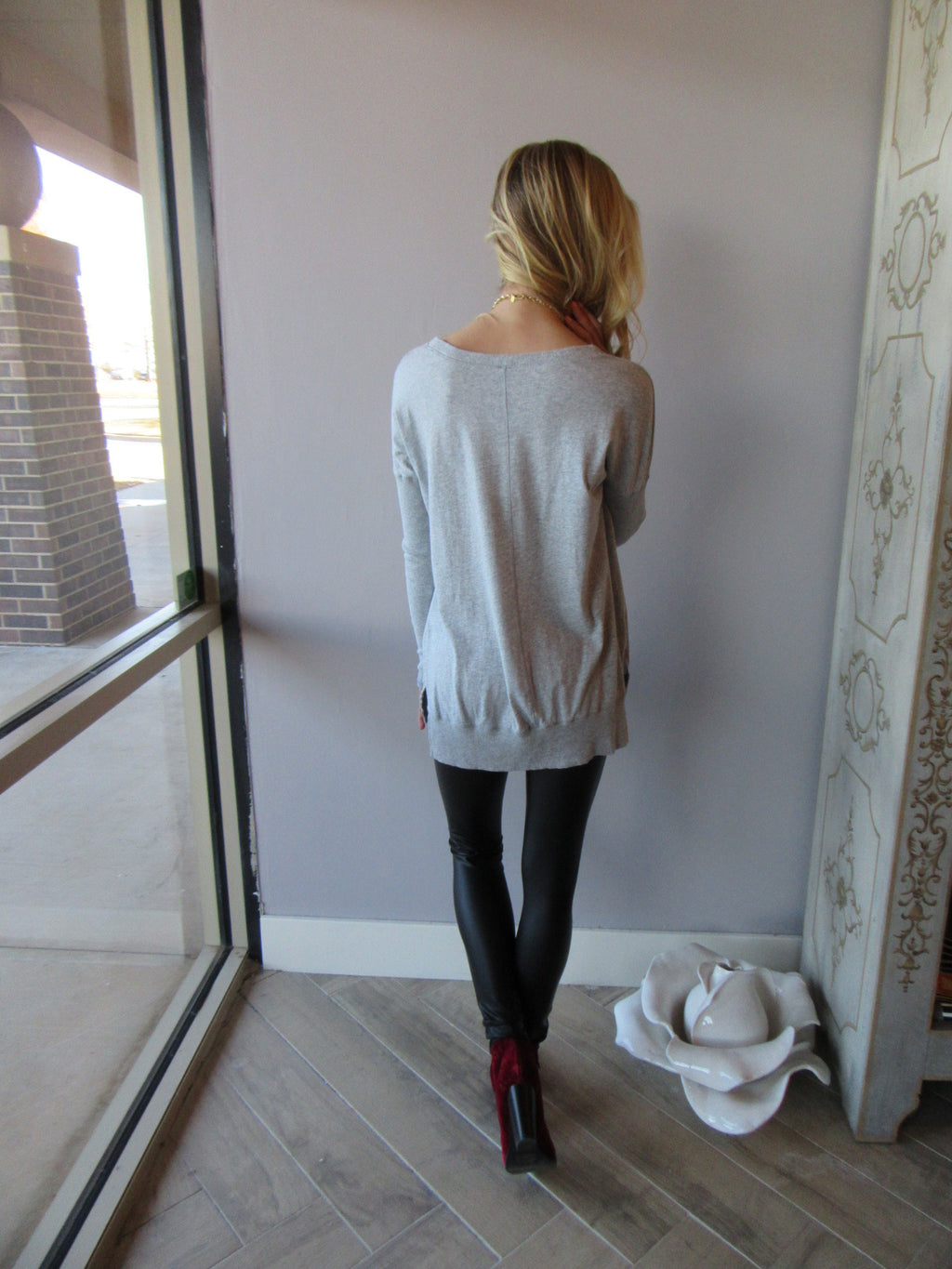 BOBI Heather Grey RibMix SEND MY LOVE V-Neck Knit Top