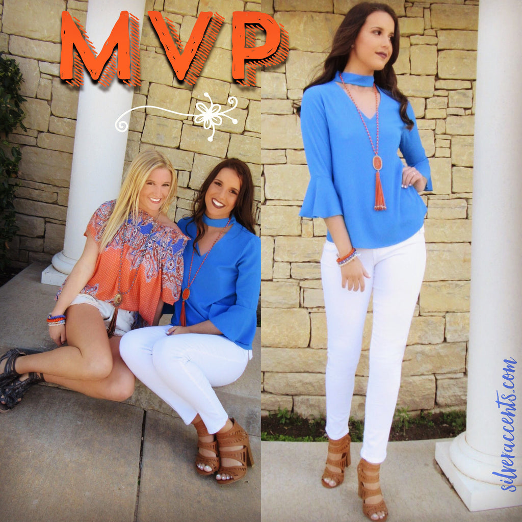 MVP Cutout Choker MockNeck 3/4 BellSleeve Top