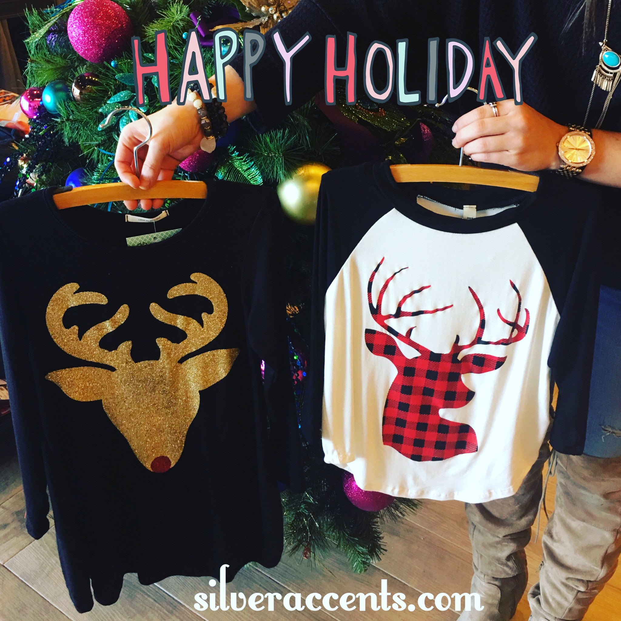 OH DEER Plaid Deer Raglan Sleeve Tee Top