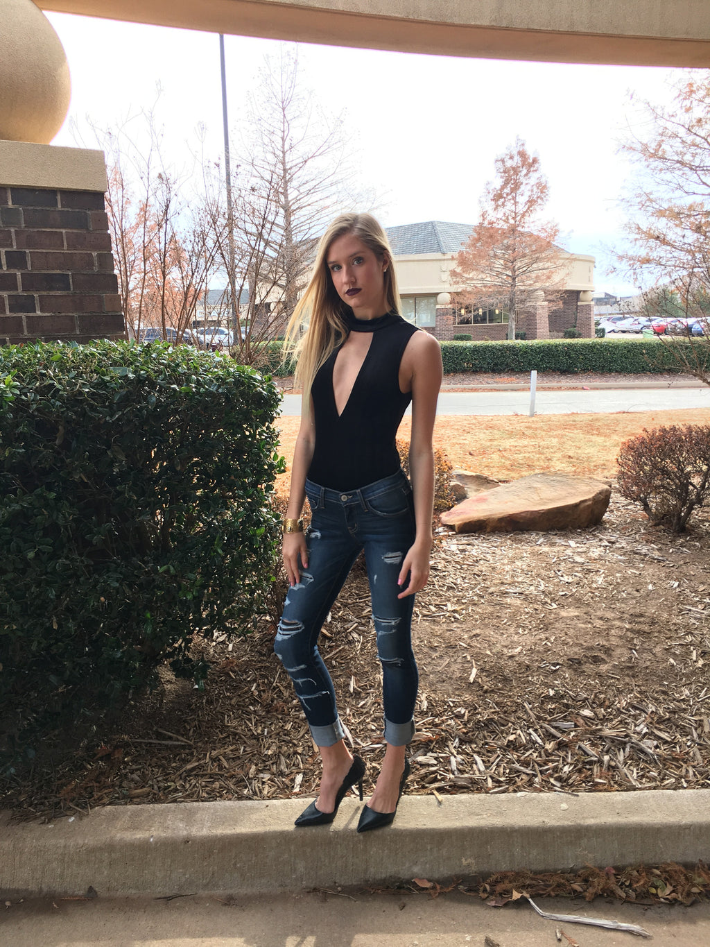 COUNTDOWN Velvet Cutout MockNeck Bodysuit Tank Top