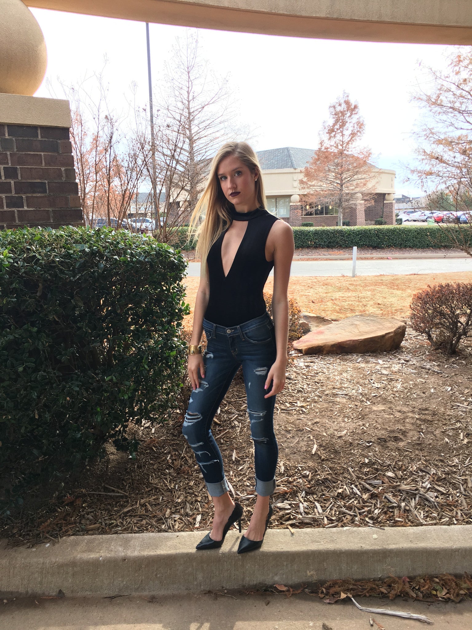 COUNTDOWN Velvet Cutout MockNeck Bodysuit Tank Top