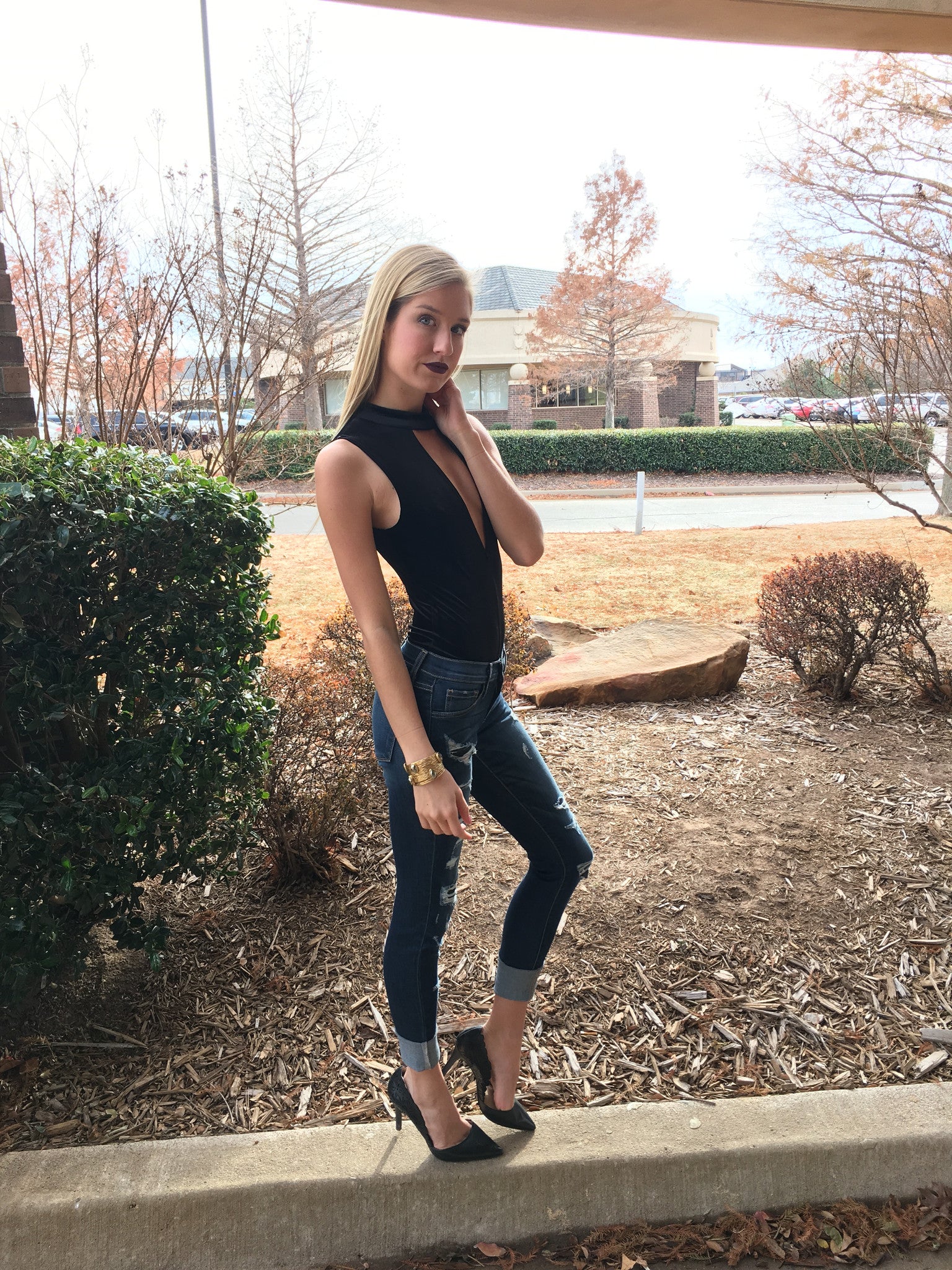 COUNTDOWN Velvet Cutout MockNeck Bodysuit Tank Top