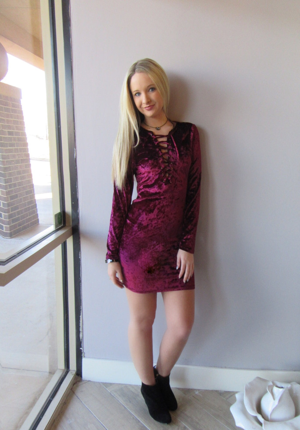STRAIGHT UP Velvet LaceUp Neck Bodycon Dress