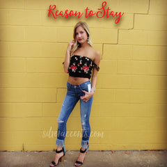 Honey Punch REASON TO STAY Embroidered Floral OffShoulder FlutterSleeve Crop Top