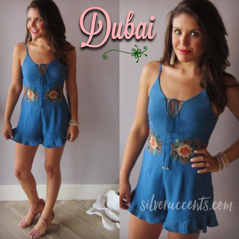 DUBAI Floral Embroider Appliqué RuffleHem Short Romper