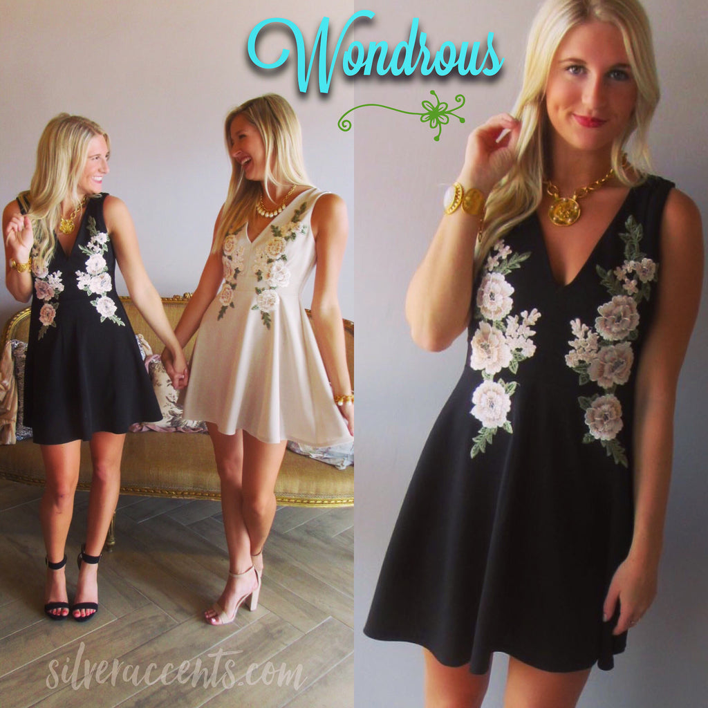 WONDROUS Floral Embroider Appliqué Skater Dress