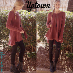 UPTOWN WaffleKnit FrayHem HiLo Sweater Tunic Top