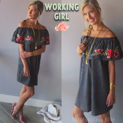 WORKING GIRL Pinstripe Embroidered Appliqué OffShoulder Dress