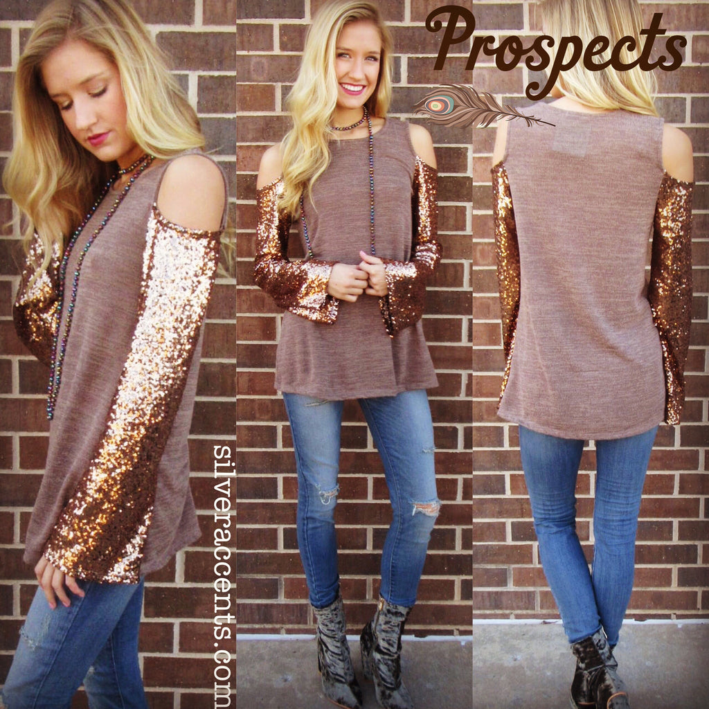PROSPECTS Cold Shoulder Glitter Sleeve Knit Top