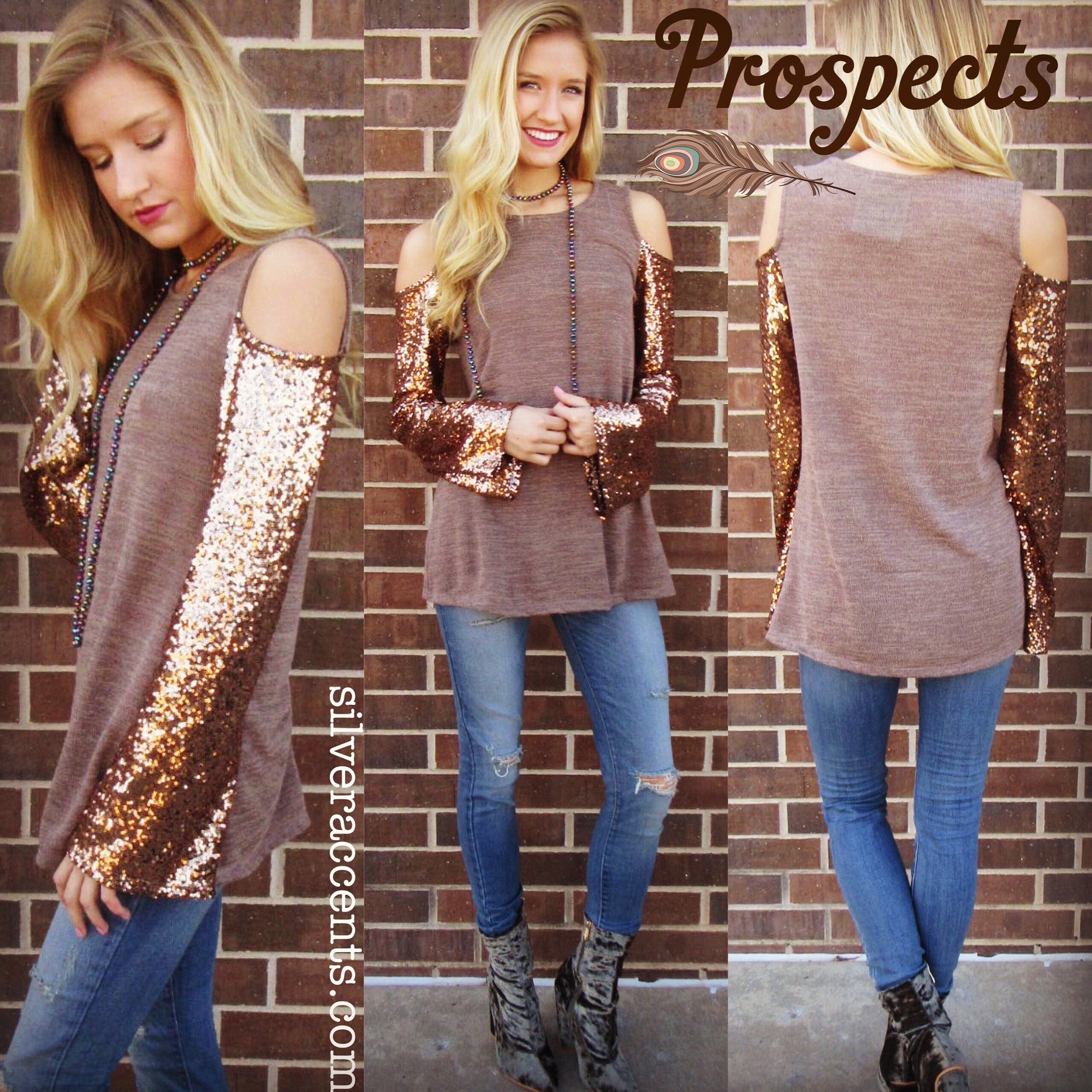 PROSPECTS Cold Shoulder Glitter Sleeve Knit Top