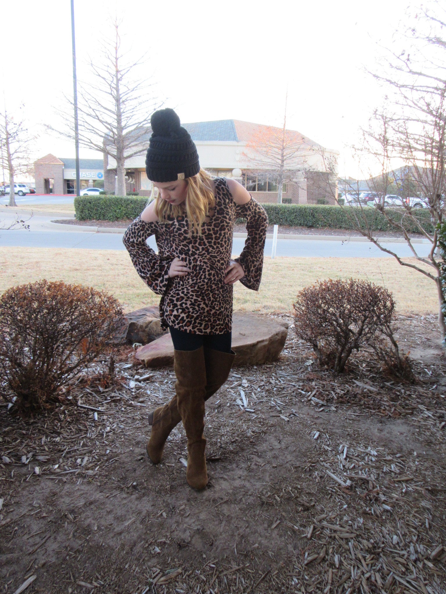 Tween TRES CHIC Leopard Print Cold Shoulder Crossneck Jersey Top