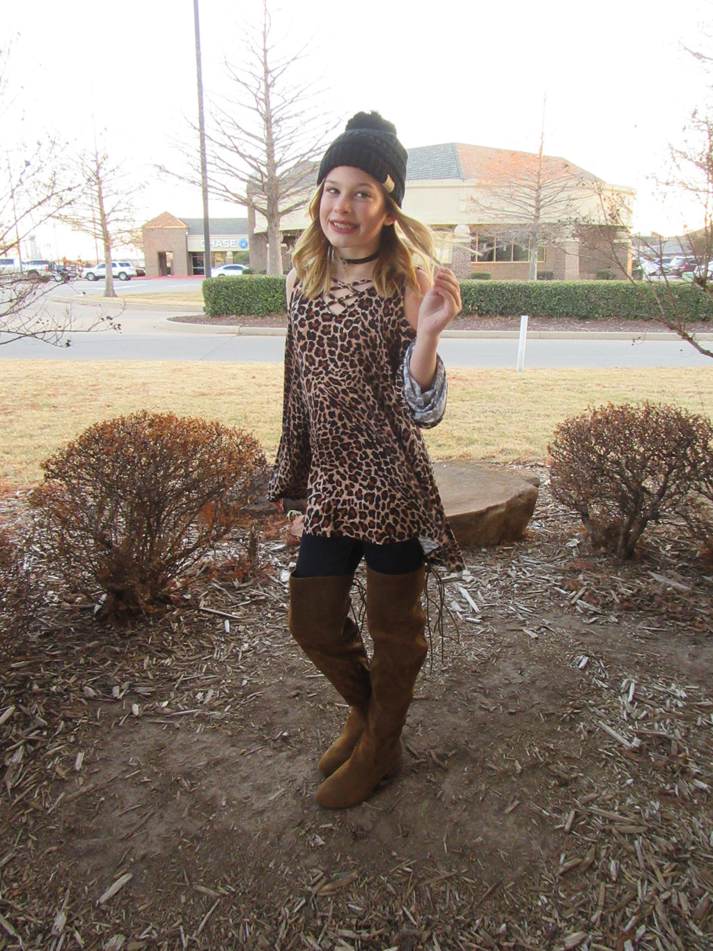 Tween TRES CHIC Leopard Print Cold Shoulder Crossneck Jersey Top