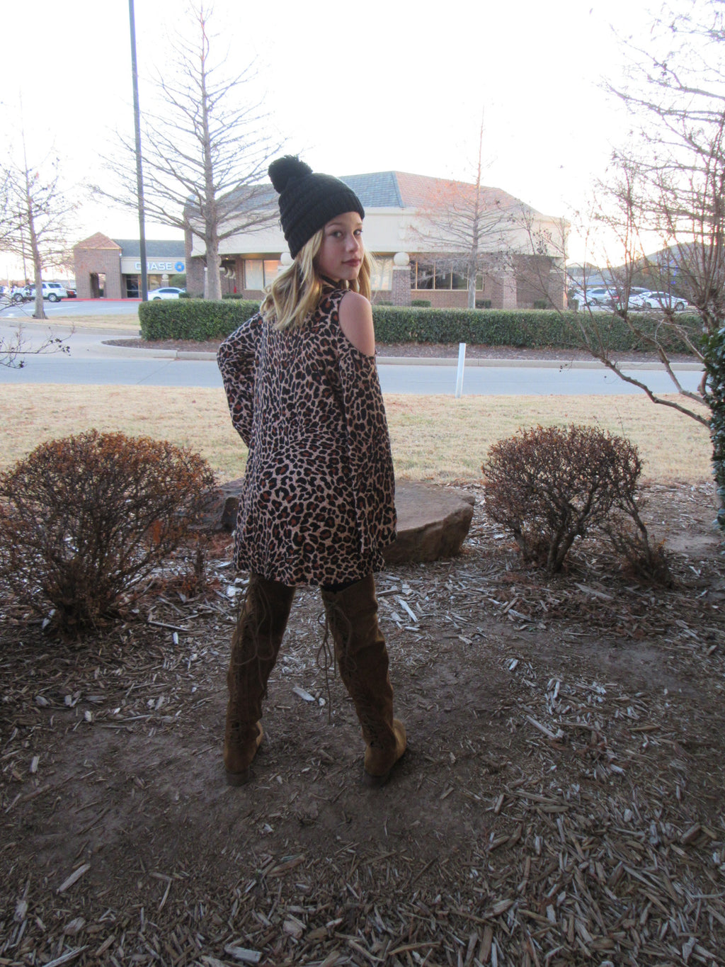 Tween TRES CHIC Leopard Print Cold Shoulder Crossneck Jersey Top