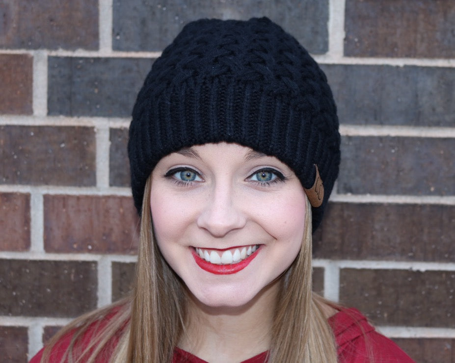 C.C. Black DREAMWEAVER BasketWeave Knit Beanie Hat