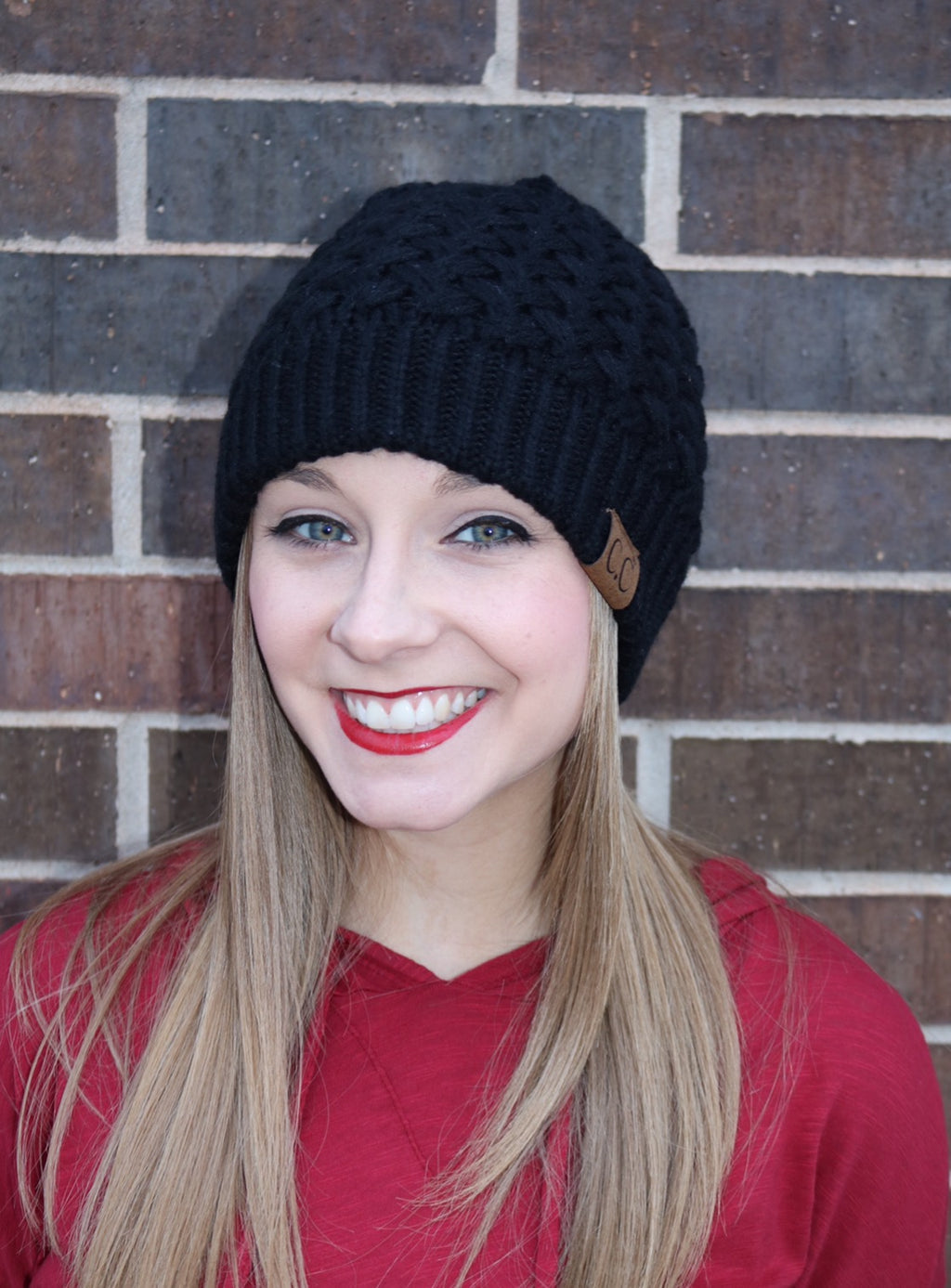 C.C. Black DREAMWEAVER BasketWeave Knit Beanie Hat